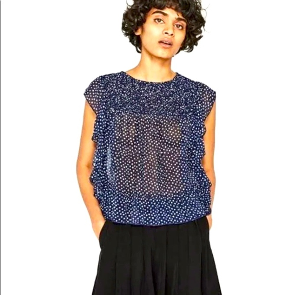 Zara Basic Shear Blue Polka Dot Ruffle Cropped Blouse